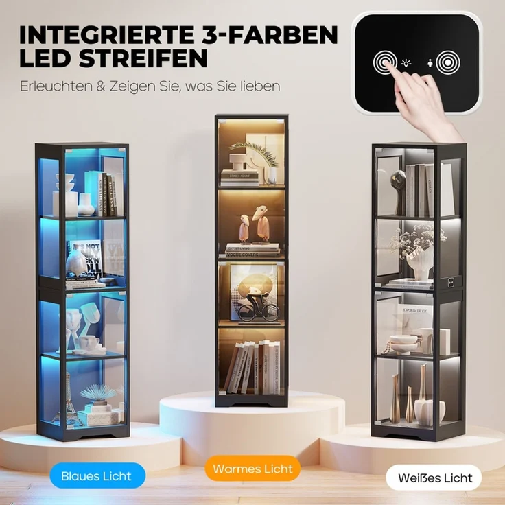 Glasvitrine 4-stöckig, Ausstellungsschrank mit Glastür, LED-Beleuchtung und Helligkeitsregelung, Schwarz – Bild 5