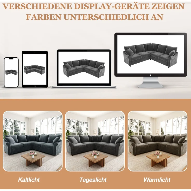 Ecksofa 217 x 217 x 83 cm in Grau – L-Form mit Chenille-Bezug und Taschenfederkern – Bild 5