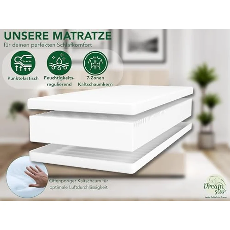 DREAMSTAR Easy Flex | ergonische 7-Zonen Kaltschaummatratze | Öko-Tex Zertifiziert | Härtegrad 2 und 3 (H2 & H3) | Rollmatratze 21 cm | Made in EU I 140x200 cm – Bild 4