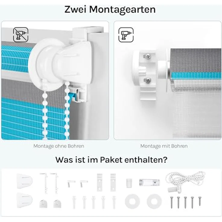 WOLTU Doppelrollo Klemmfix ohne Bohren 80x150 cm, Weiß+Grau+Türkis | Duo Rollos für innen Fenster & Tür, Zebrarollo Lichtdurchlässig Fensterrollo Seitenzugrollo Verdunkelnd, Stoffbreite 77 cm – Bild 4