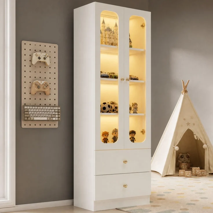 Glasvitrine 60x35x170 cm in Weiß mit LED-Beleuchtung, Glastüren und 2 Schubladen – Bild 1