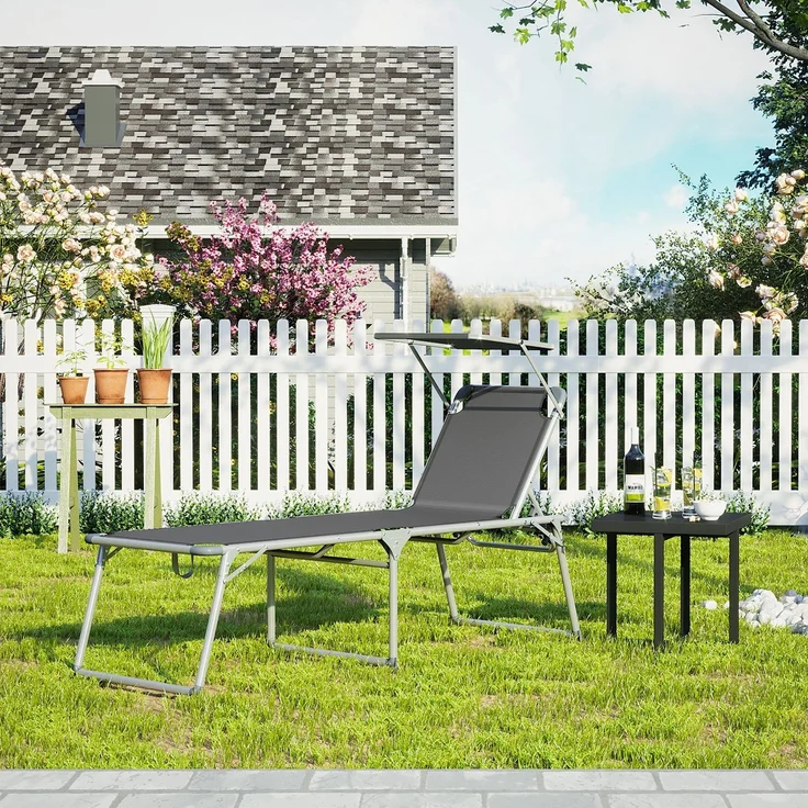 SONGMICS klappbare Sonnenliege, 65 x 200 x 48 cm, bis 150 kg belastbar, Liegestuhl, Gartenliege, extra groß, mit Sonnendach, Rückenlehne verstellbar, dunkelgrau GCB26GY – Bild 2