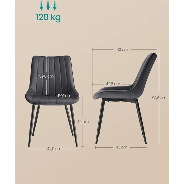 SONGMICS Esszimmerstuhl 2er Set, Küchenstuhl, Samt,Polsterstuhl, bis 120 kg belastbar, Stahlbeine, Gebogene Rückenlehne, für Esszimmer, Küche, grau-tintenschwarz LDC090G05 – Bild 3