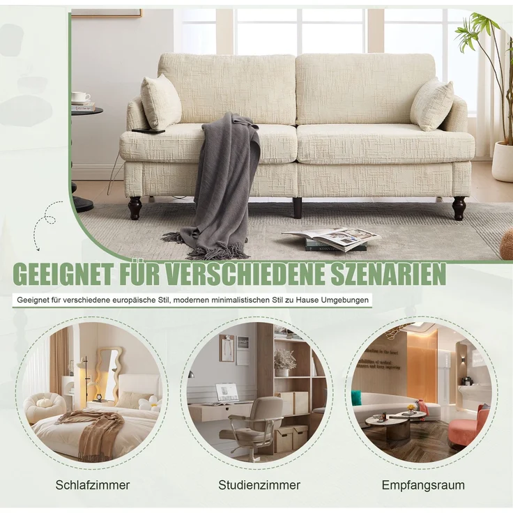 2-sitziges Chenille-Sofa mit USB-Ladeanschluss, LED-Licht und Aufbewahrungstasche in Beige – Bild 9