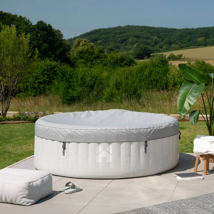 HOME DELUXE Outdoor-Whirlpool 'Splash', Ø 208 cm, für 6 Personen, inkl. Kissen, Getränkehalter & Sonnendach, Beton-Optik – Bild 2