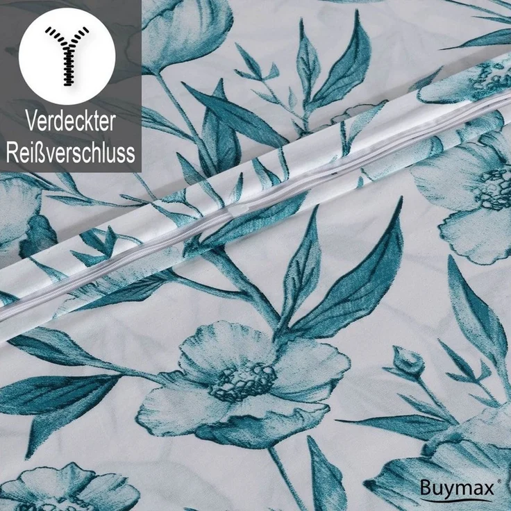 Buymax Bettwäsche Girasol, Renforce: 100% Baumwolle, 2 teilig, 155x220 cm, Bettbezug-Set, mit Reißverschluss, Blumen, Grün, Petrol – Bild 4