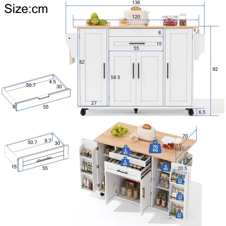 120×45cm,mobile Kücheninsel,Küchenwagen,ausziehbare Arbeitsplatte bis 70cm,verdeckte Besteckschublade,verstellbare Einlegeböden,Gewürzregal und Handtuchhalter,geeignet für Küche,Esszimmer oder Wohnzim – Bild 7