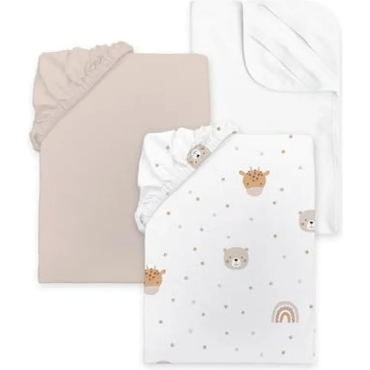 Herding babybest Spannbettlaken-Set, Little Friends, 3-teilig, 2X Spannbettlaken, 1x Matratzenschoner (100% wasserdicht), Für Kinderwagen und Wiege, ca. 35x75 cm