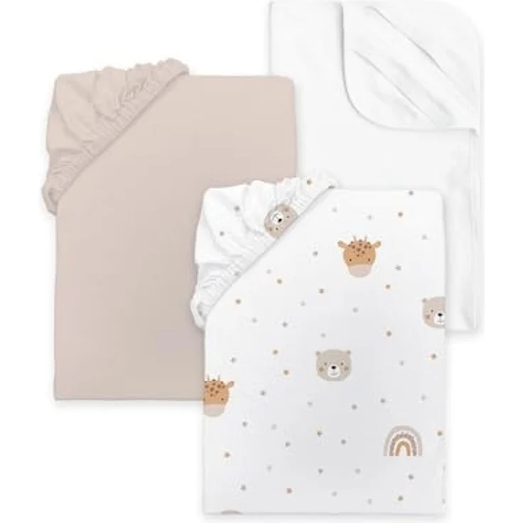 Herding babybest Spannbettlaken-Set, Little Friends, 3-teilig, 2X Spannbettlaken, 1x Matratzenschoner (100% wasserdicht), Für Kinderwagen und Wiege, ca. 35x75 cm – Bild 1