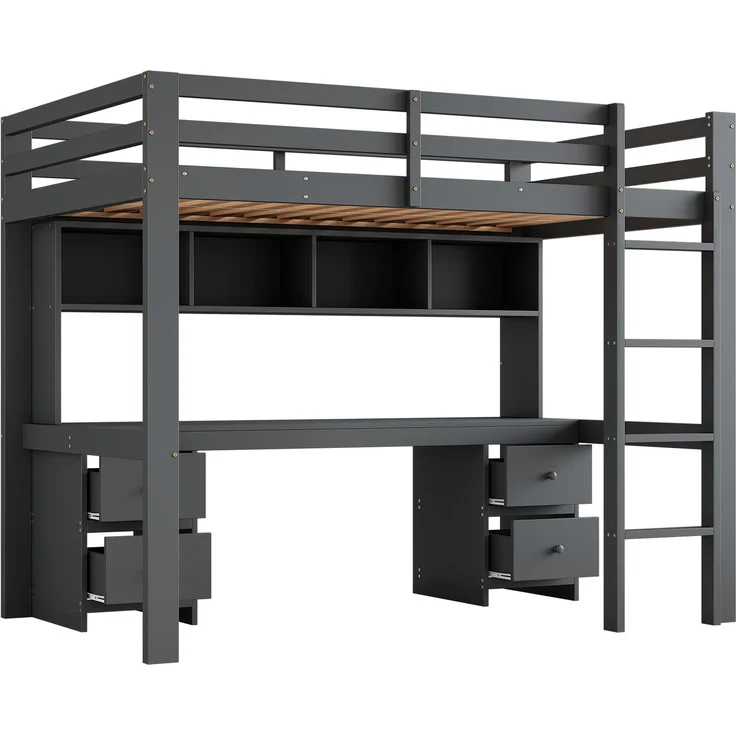 Hochbett 90x200 cm mit Schreibtisch und Stauraum,Kinderbett aus massivem Kiefernholz,Multifunktionsbett mit 4 Schubladen und 4 Regalfächern,Grau – Bild 10