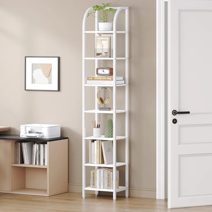 Bücherregal, 7 Ebenen Standregal, DVD-Regal, Schmale Regale, Offenes Regal, Industriestil, Metallrahmen, Geeignet für Arbeitszimmer, Wohnzimmer, Schlafzimmer, Küche, Weiß – Bild 1