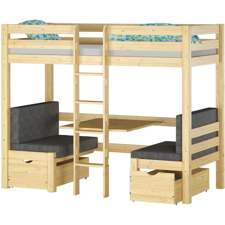 Hochbett mit Sitzbank und Tisch, Holzhochbett Kinder 90x200 cm wählbares Zubehör V-60. 22-09 mit Rollrost und Polster