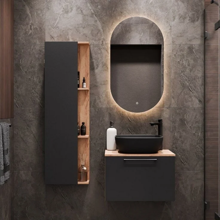 Planetmöbel Badmöbel-Set Astra, (Waschtisch mit Waschbecken schwarz & Spiegel und 1x Midischrank, 4-St), Waschtisch und Waschbecken schwarz mit Spiegel und 2x Midischrank – Bild 2