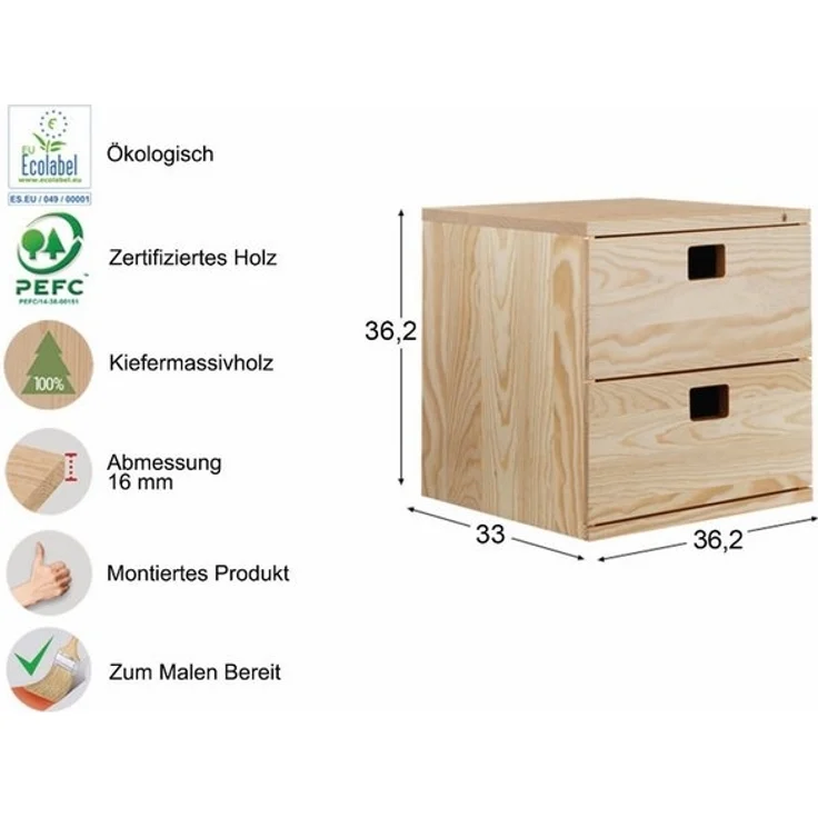 Calicosy Schreibtischblock mit 2 Schubladen aus massiver Kiefer - L36,2 x H36,2 cm - Helles Holz – Bild 4