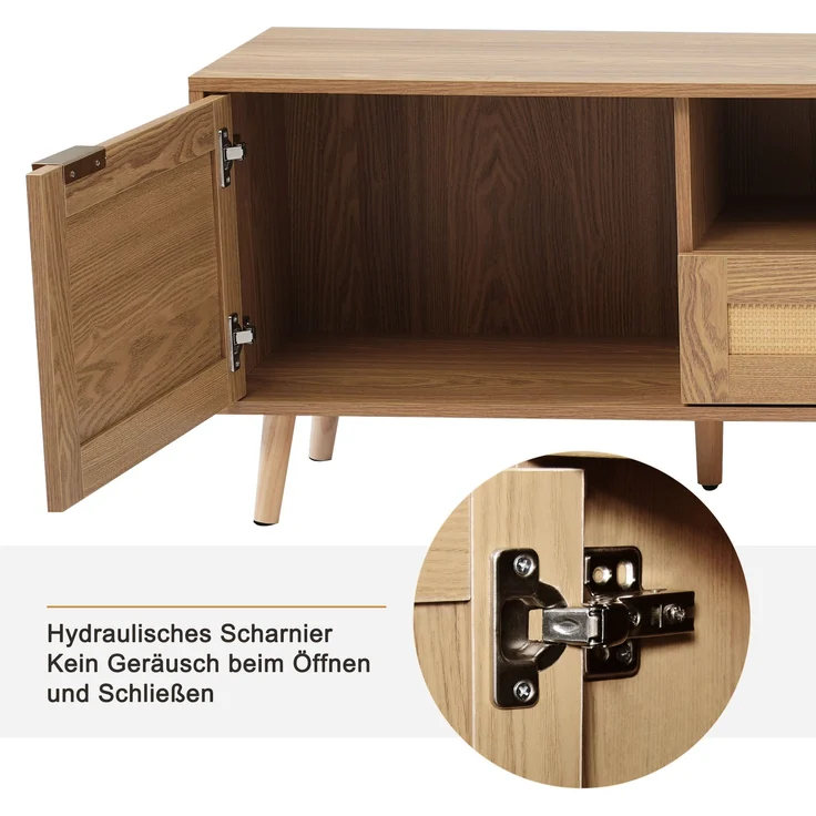 TV-Schrank, Rattan-Design, mit 2 Türen, 2 Schubladen & höhenverstellbaren Füßen, 200x37x49 cm, Eiche – Bild 9