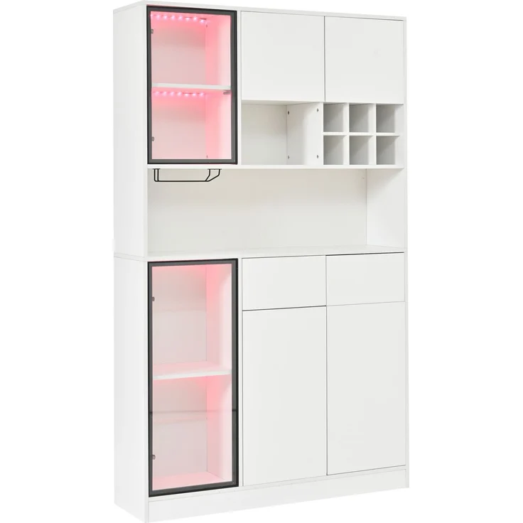 Hochschrank Vitrine 120×33×200cm, Wohnzimmer Schrank mit 6 Türen, 2 Schubladen, LED‑Beleuchtung, offenen Fächern, Hartfaserplatte & gehärtetem Glas, Weinschrank für Wohn‑ und Esszimmer – Bild 10