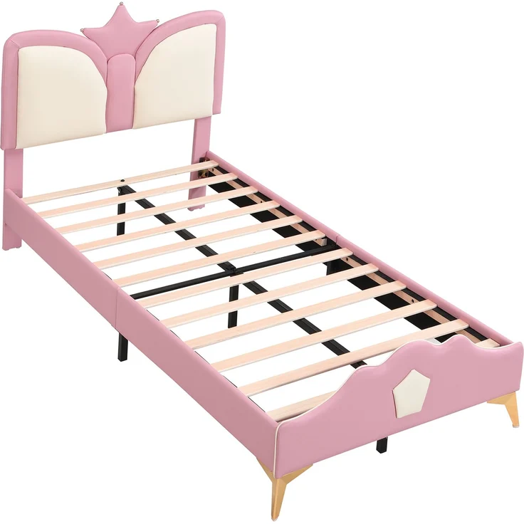 Merax Polsterbett, 90 x 200cm Einzelbett, Kinderbett, Kopfteil mit Kronenform, Weiche Antikollisions-Schwammkante und Kopfteil, Rosa+Weiß – Bild 9