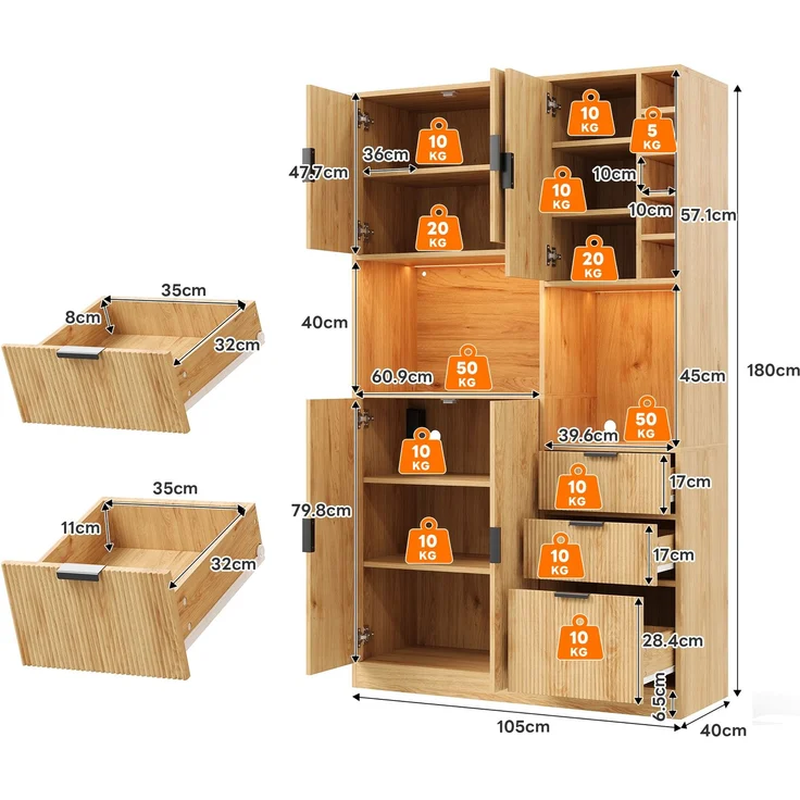 ZUBALIYA Weinschrank 105x40x180 cm, mit LED-Beleuchtung, mit Steckdosen, mit verstellbaren Einlegeböden, aus MDF, Natur – Bild 4