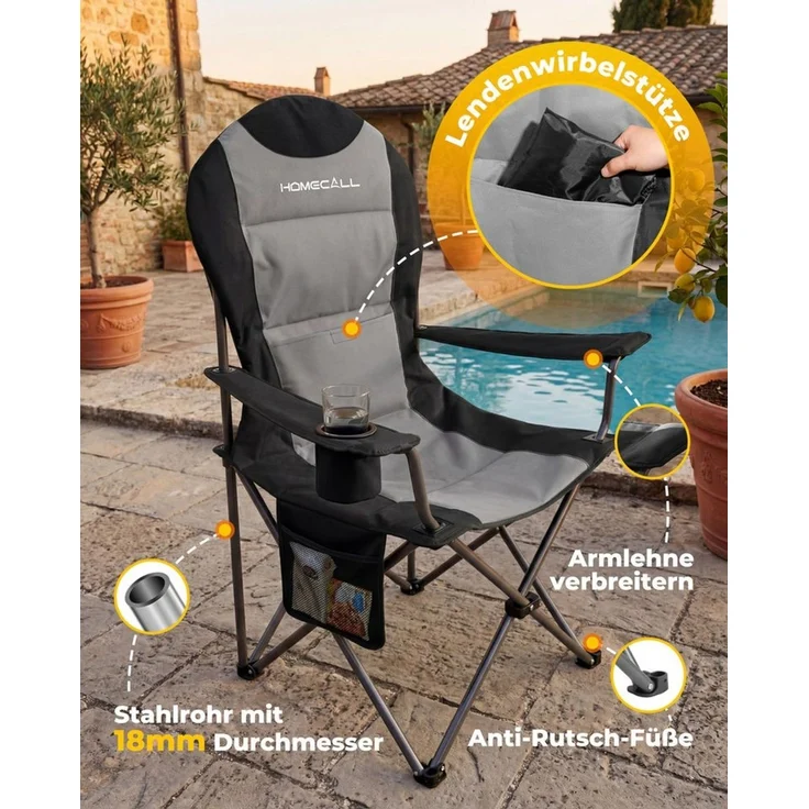HOMECALL Campingstuhl Hochlehner 110cm mit Lendenwirbelstütze Klappstuhl Angelstuhl Faltbar (Bis 150kg, gepolstert, faltbar, stabil, 2 St), für Camp Garten Balkon – Bild 4