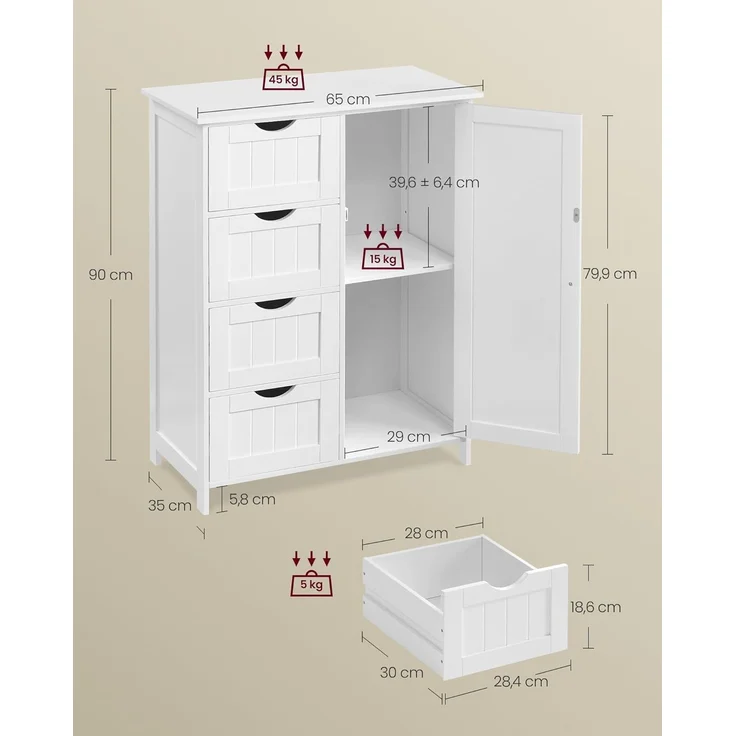 Vasagle Badezimmerschrank, schmaler Badschrank, Beistellschrank, Kommode, mit Schubladen, Schranktür, verstellbare Ablage, x x cm,, Weiß, 4 – Bild 3