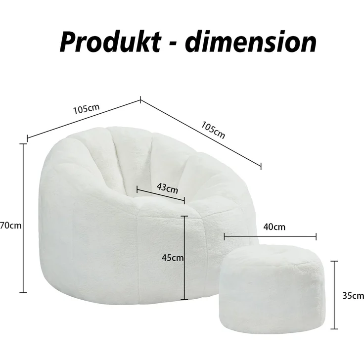 Sitzsack 105 x 105 x 70 cm in Blütenform mit Fußhocker – cremeweiß – Bild 5