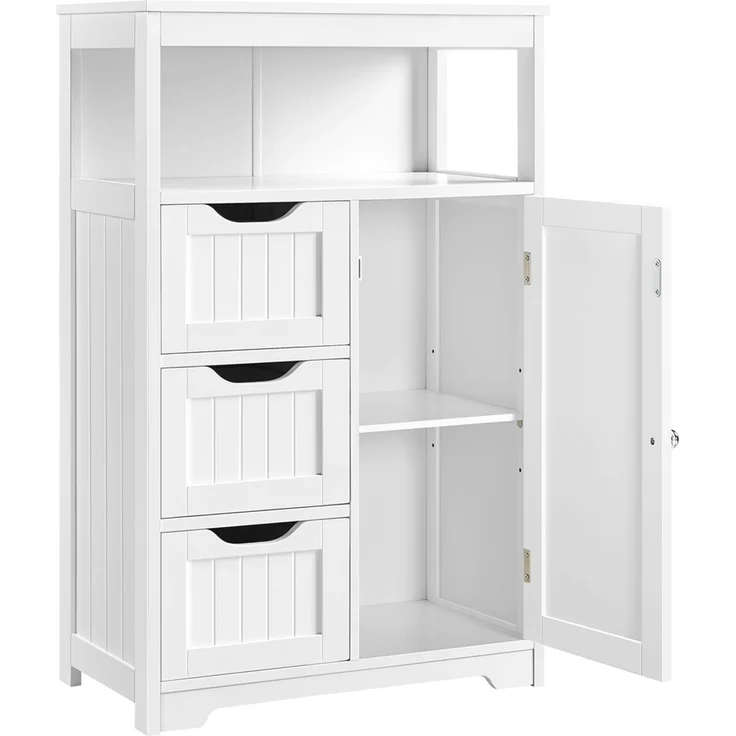 Yaheetech Badezimmerschrank mit 3 Schubladen, verstellbarem Regalbrett & 1 offenem Regal, Holz weiß, 55,5 x 29,5 x 86,5 cm – Bild 2