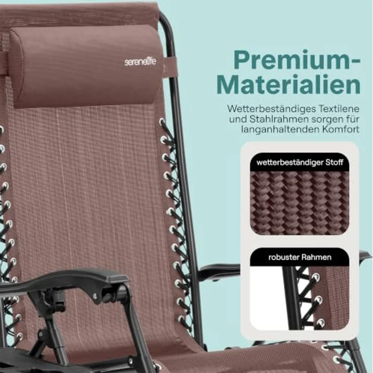 SereneLife Sonnenliege Klappbar 2er Set mit Tisch, Zero Gravity Liegestuhl Garten, bis 120 kg Braun, Verstellbar und Wetterfest, mit Getränkehalter und Kopfkissen, für Balkon Strand Camping – Bild 7