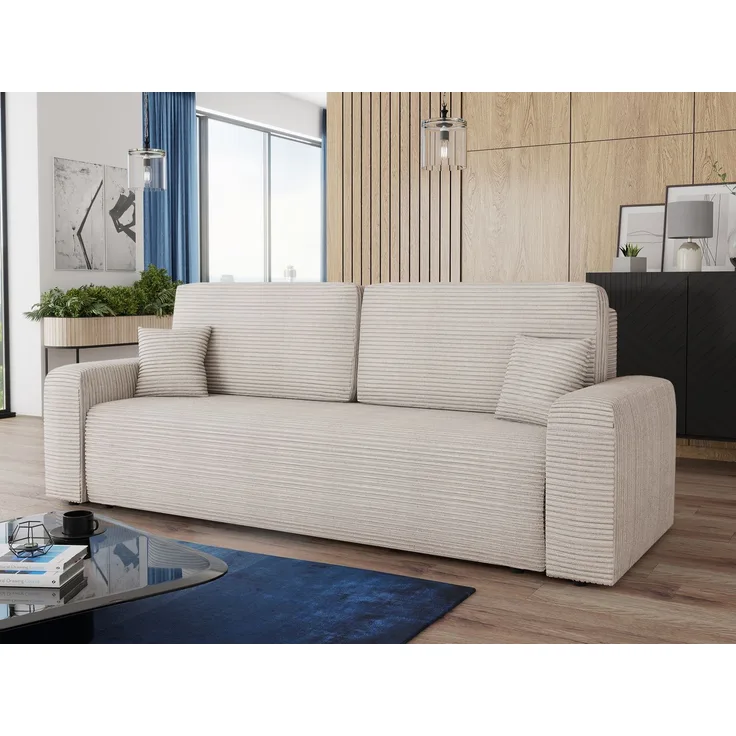 Schlafsofa Spark – Sofa mit Schlaffunktion und Bettkasten, Bonellfederkern, Cordbezug, große Schlaffläche, modernes Polstersofa & Bettsofa (Beige (Poso 100))
