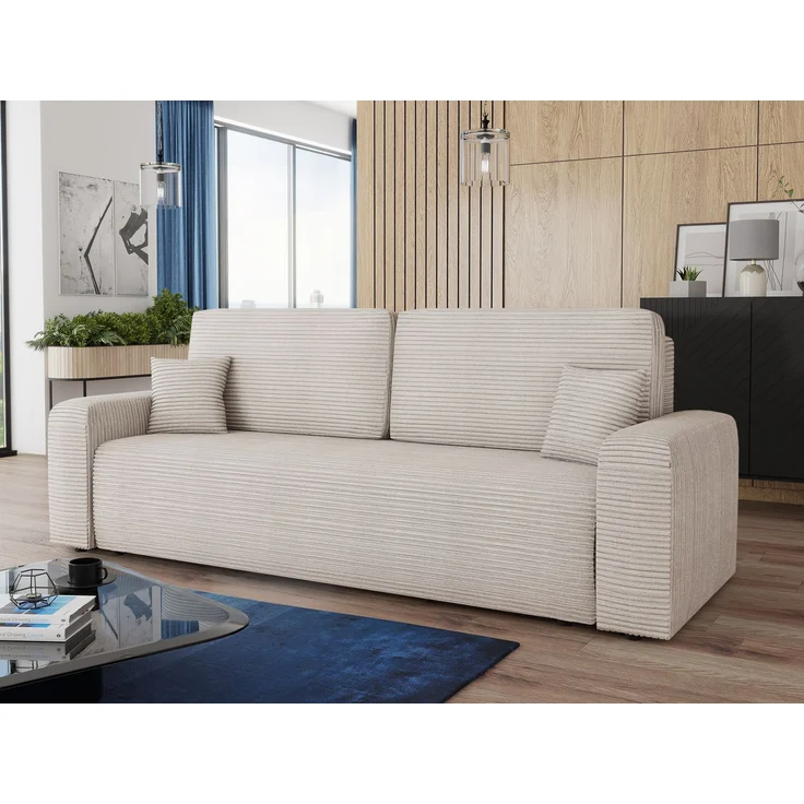 Schlafsofa Spark – Sofa mit Schlaffunktion und Bettkasten, Bonellfederkern, Cordbezug, große Schlaffläche, modernes Polstersofa & Bettsofa (Beige (Poso 100)) – Bild 1
