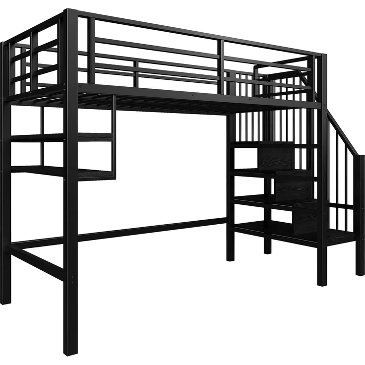 Bett 90x200 cm Hochbett mit Stauraumleiter und Einlegeböden – platzsparendes Kinderhochbett in Schwarz – Bild 7