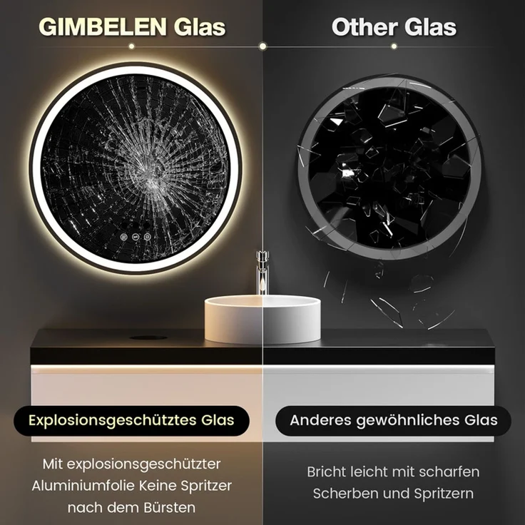 GIMBELEN LED Badezimmerspiegel 70 cm mit Uhr, runder Wandspiegel mit Beleuchtung für Badezimmer, Bad, Make-up & Rasur, 3 Lichtfarben (3000K/4000K/6500K), dimmbar, Touch-Schalter, Speicherfunktion, Anti-Beschlag, integrierte Digitaluhr, IP44, explosions... – Bild 4
