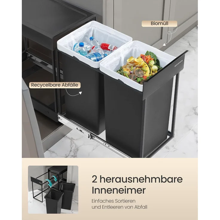 SONGMICS Mülleimer küche, Mülltrennsystem für Unterschrank, 2 x 15 L, Abfalleimer 2 Fächer, ausziehbar, Stahlrahmen, ABS-Deckel, tintenschwarz – Bild 4