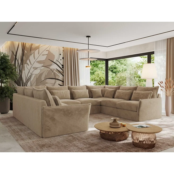 Modulares U-förmiges Wohnzimmer-Ecksofa, XXL Ecksofa mit Armlehnen, Wohnlandschaft, Universal-Ecksofa mit lockeren Kissen - VERSO U 8M - Beige Plüschstoff – Bild 3