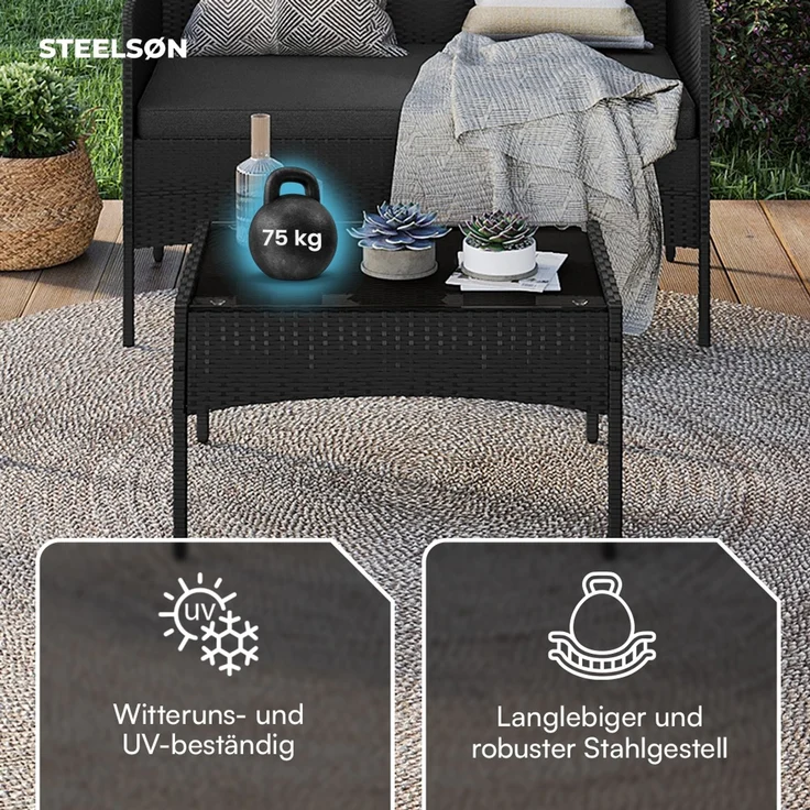 STEELSØN 'Thalora' Gartentisch, schwarz, 39x40x60 cm, aus Polyrattan mit Glasplatte – Bild 3