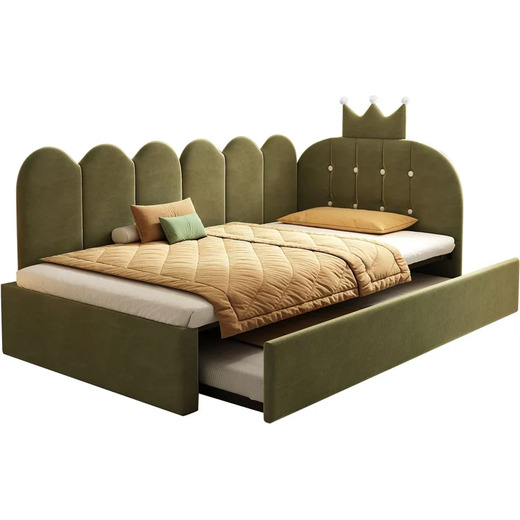 90×200 cm Samt-Sofabett mit Ausziehbett, ausziehbar zu 90×190 cm Einzelgästebett, grüne L-Form, Niedliches Kronen-Gitter-Design, platzsparend, ideal für Kinder- & Gästezimmer, ohne Matratze--Grün--203x98x95cm--YOUDENOVA – Bild 4