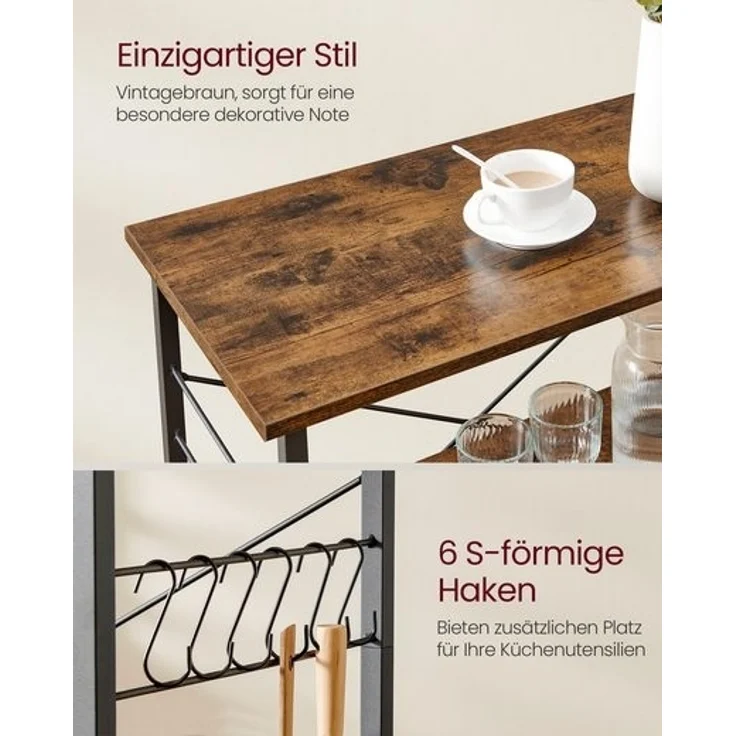 Vasagle Küchenregal auf Rollen, Servierwagen mit 3 Regalböden, Mikrowellenregal, für Minibackofen, Toaster, Wasserkocher, Metall, mit 6 Haken, Industrie-Design,40 x 80 x 82,5 cm (T x B x H), Vintagebraun-Schwarz von Songmics – Bild 5