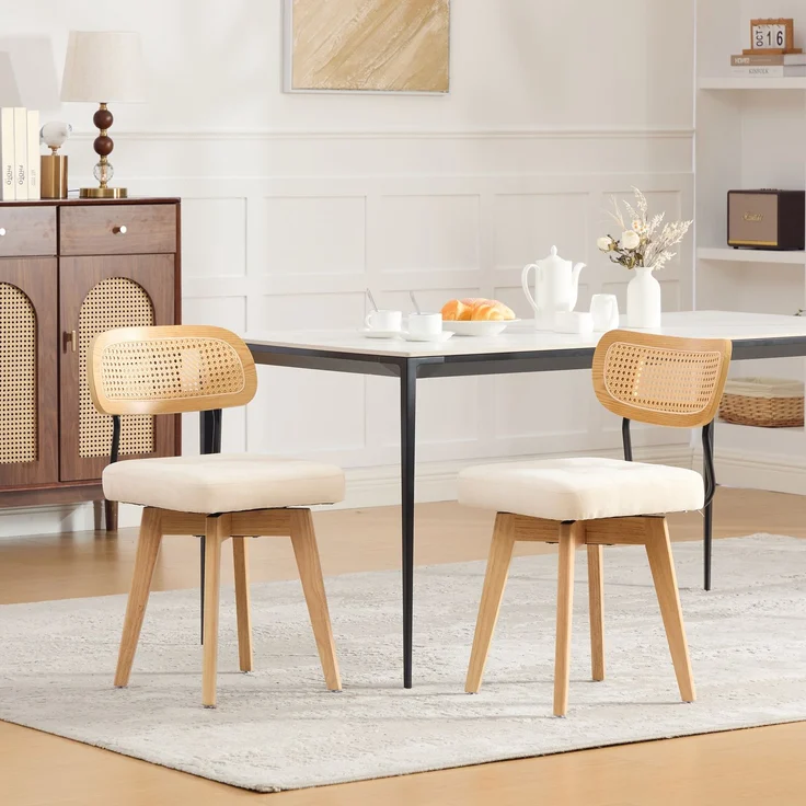 LVHOM 2er-Set Esszimmerstühle 360° Drehstuhl, Polsterstuhl in Rattan-Optik mit Chenille Kissen, stabiler Küchenstuhl mit Metallbeinen, Beige – Bild 8