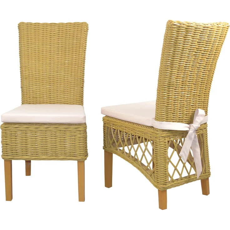 Rattanstühle/Esszimmerstühle 2er-Set, handgeflochten, beige, inkl. Kissen creme – Bild 1