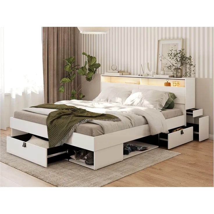 MEBLINI Funktionsbett 180x200 – SMARTEE mit Lattenrost und Matratze – Weiß/Schwarz - Schrankbett mit LED - Bett mit Stauraum - Doppelbett mit Schubladen - Stauraumbett - Bettkästen mit Aufbewahrung