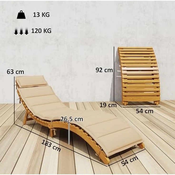 Outsunny Gartenliege Wetterfest Relaxliege mit Polsterung Kopfstütze Tragegriff, klappbarer Liegestuhl, 1 St, Sonnenliege, für Balkon, Terrasse, bis 120 kg belastbar, Beige, 183 x 54 x 63 cm – Bild 3
