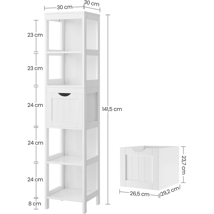 Vasagle Badezimmerschrank mit 2 Schubladen und 3 offene Fächer, MDF, 30 x 30 x 141,5 cm, Weiß – Bild 7