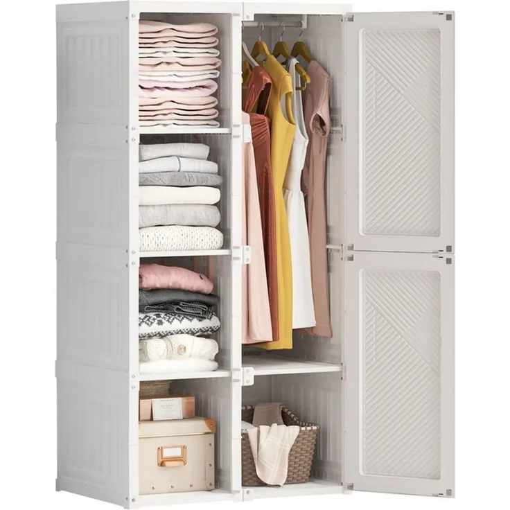 FUROKOY Kleiderschrank Drehtürenschrank Faltbarer Kleiderschrank Garderoben Hochschrank (Wäscheschrank Mehrzweckschrank mit Kleiderstange,Versteckter Türgriff) 8 Fächer, 2 Türen und 1 Kleiderstange (136 x 69 x 50 cm),Weiß