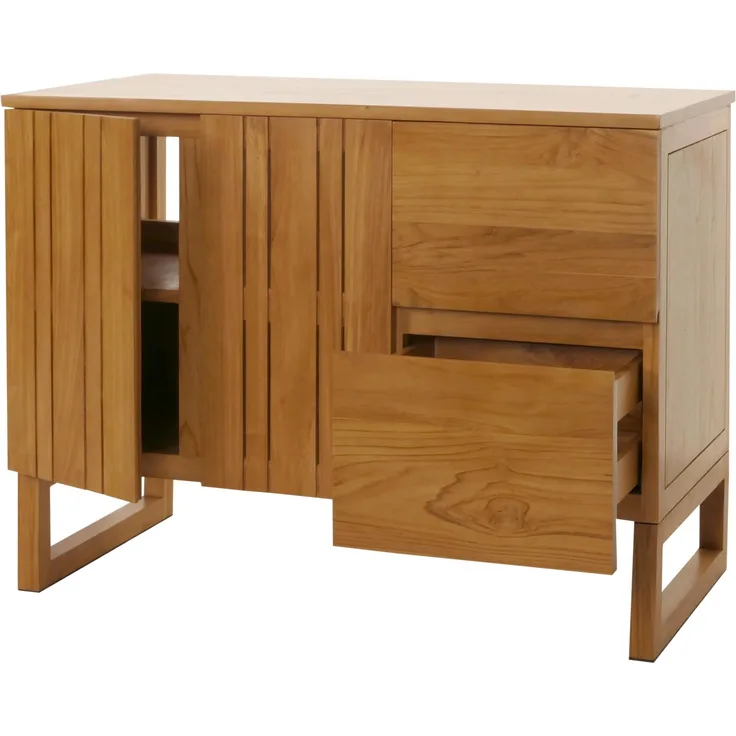 MCW Teak-Waschbeckenunterschrank M72, B-Grade Teakholz, 2 Staufächer, 2 Schubladen, fertig montiert, ideal für Nassräume, 82x106x56 cm