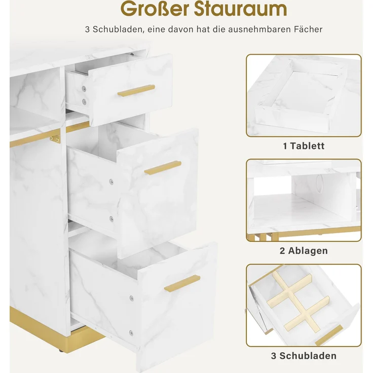 BarberPub Manikürtisch mit 3 Schubladen & 2 Ablagen, Nageltisch mit Absaugung, 2 Staubsaugerbeuteln, Nagelfrisiertisch Holz, Schreibtisch für Nagelstudio, Marmor-Weiß Gold, 57x112x80cm, 2472 – Bild 5