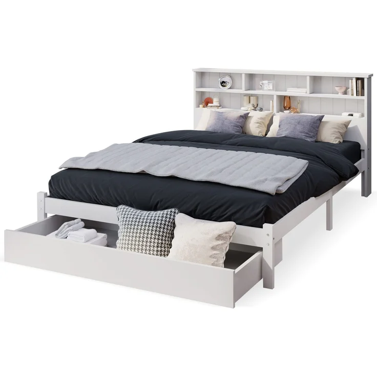 Holzbett, Doppelbett inkl. Schublade und Lattenrost, Kopfteil mit Regal, 140x200 cm, Holzbett aus Kiefer – Bild 6