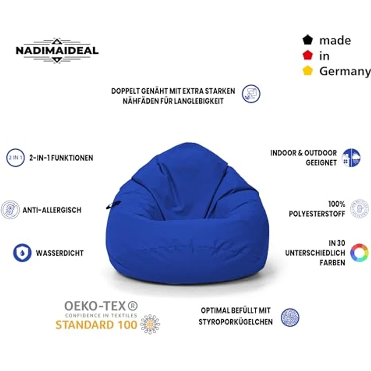 Nadimaideal Sitzsack Tropfenform Kastanie | Bodenkissen für Kinder & Erwachsene | Indoor & Outdoor | Gaming Sitzsack - Sitzkissen - Beanbag | Füllung EPS Perlen (Blau, XXL-Durchmesser 88 cm) – Bild 4