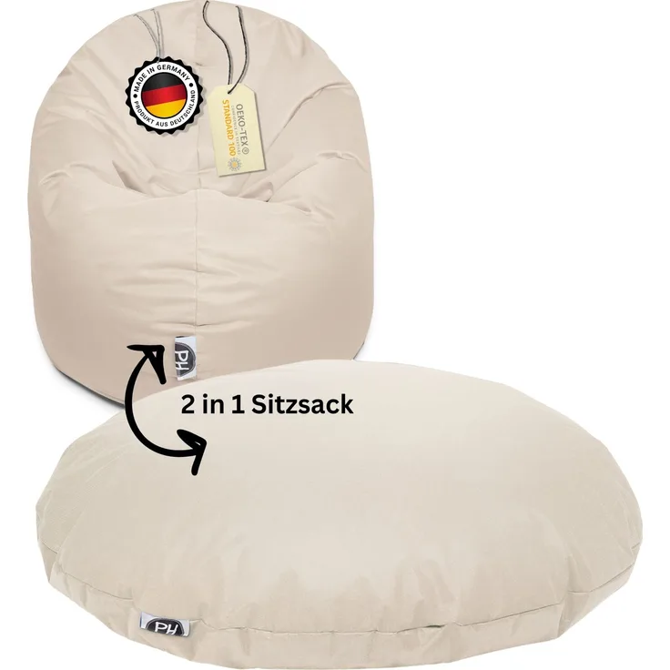 PATCH HOME 2 in 1 Sitzsack Sessel – Ø100 cm – Creme, bequemer Sitzsack aus Luxus-Polyester-Gewebe, bereits befüllt