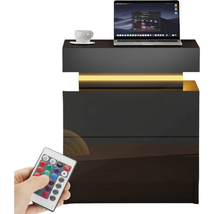 oyajia Nachttisch Hochglanz Nachtschrank mit 2 Schubladen,LED-Beleuchtung 16 Farben (Nachttisch mit LED Streifen, Beistelltisch), Nachttisch mit einstellbare Farben,Sofatisch, 45x35x55 cm Schwarz/Weiß