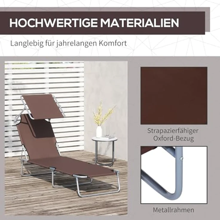 Outsunny Sonnenliege Gartenliege Wellnessliege Strandliege klappbar mit Sonnenschutz Braun 187 x 58 x 36 cm – Bild 8