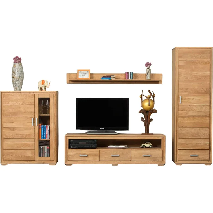 Woodline Wohnzimmerschrank Wildeiche massiv geölt, 4-teilig, Basel Set VII Natur 61x40x193 cm